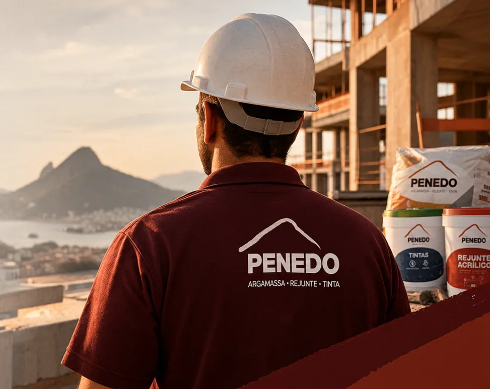Profissional com camisa Penedo observa uma obra à beira-mar, com produtos Penedo ao lado
